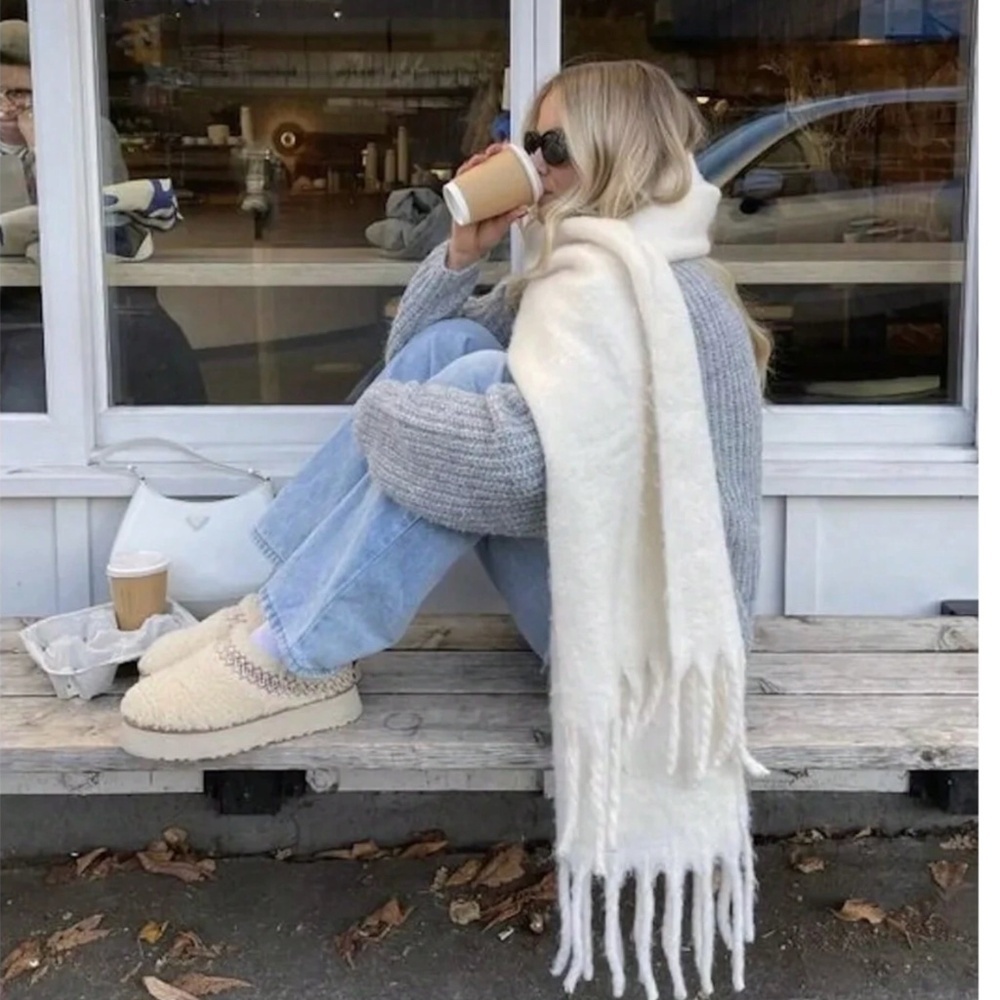White Wide Shawl Scarf With Tassels Fuzzy Knit